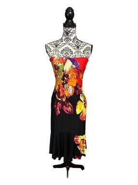 CACHE Vintage 90s Strapless Floral Midi Party Dress